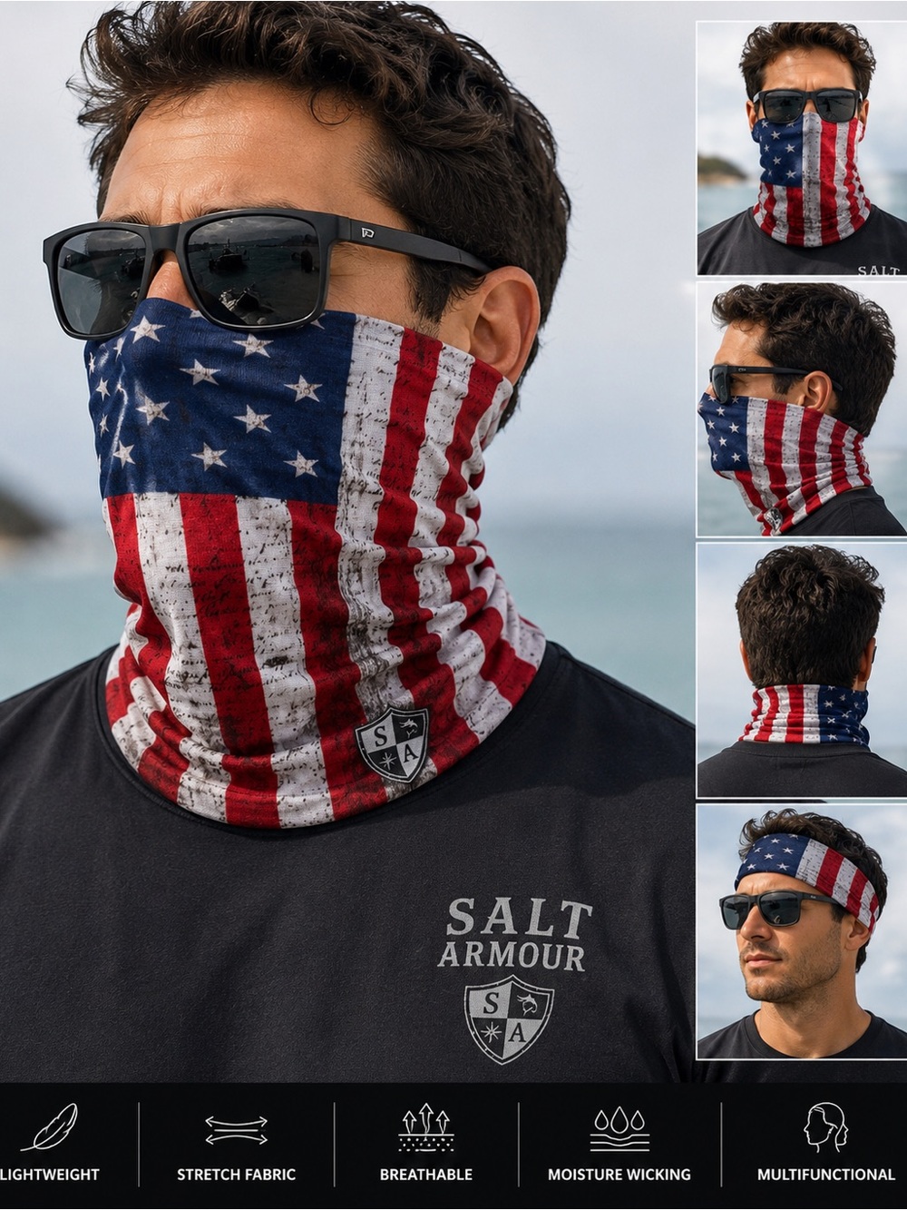 Salt Armour American Flag Neck Gaiter Face Shield Tube Scarf OSFM